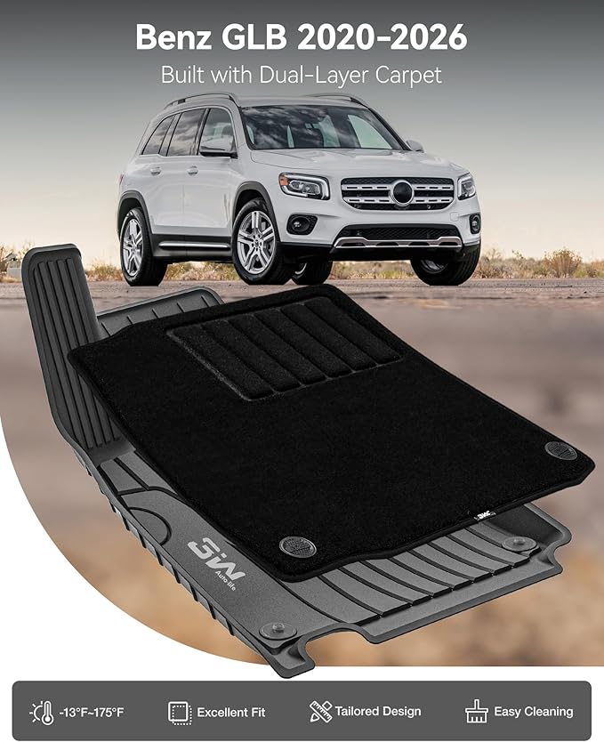 3W Floor Mats with Carpets Custom Fit Mercedez Benz GLB 2020-2026, TPE Floor Liner Thickened Carpet with Safety Locks and Driver Heel Pad for Benz GLB250 GLB35 AMG Cars Accessory