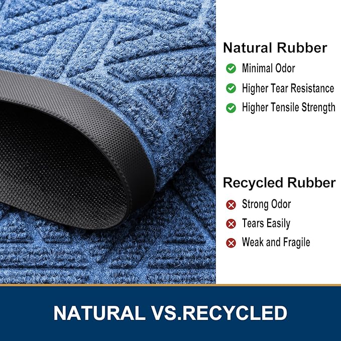 Smiry Front Door Mat Outside Entrance, Heavy Duty Sturdy Natural Rubber Doormat, Trap Dirt and Moisture, Easy Clean Low Profile Mats for Indoor Outdoor Entry, Grid Geometric (47x32, Blue)
