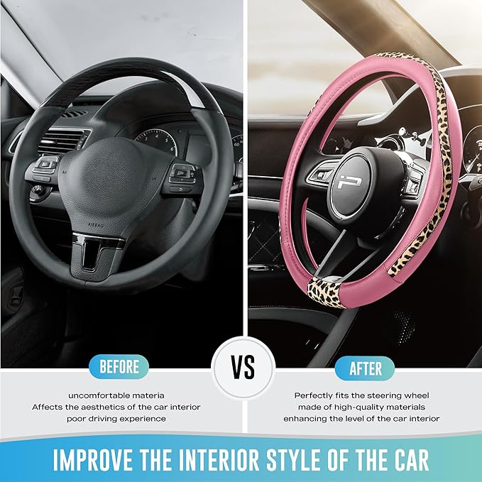 Road Comforts Steering Wheel Cover - Made with PVC Leather and Leopard Fabric - Universal 14 1/2 inches to 15 inches for Most Automotive Steering Wheel - Cheetah Print -Pink
