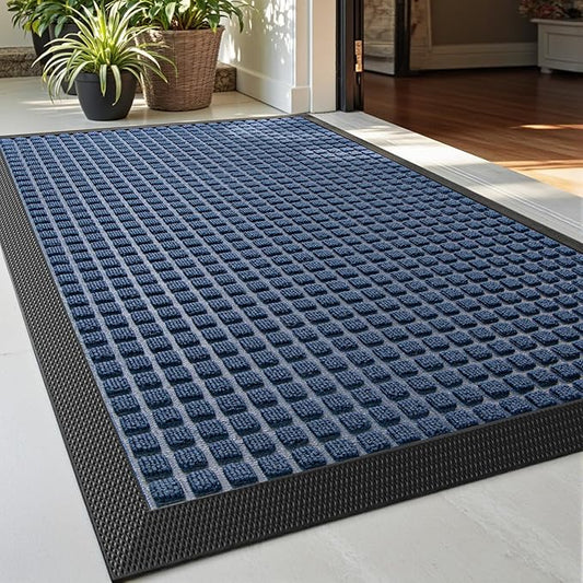 DEXI Front Door Mat Outside Entrance, Rubber Entry Doormat Heavy Duty, Welcome Mats Non Slip for Inside House Floor Entryway Back Doors Exterior Patio, 17x29 Squares Blue