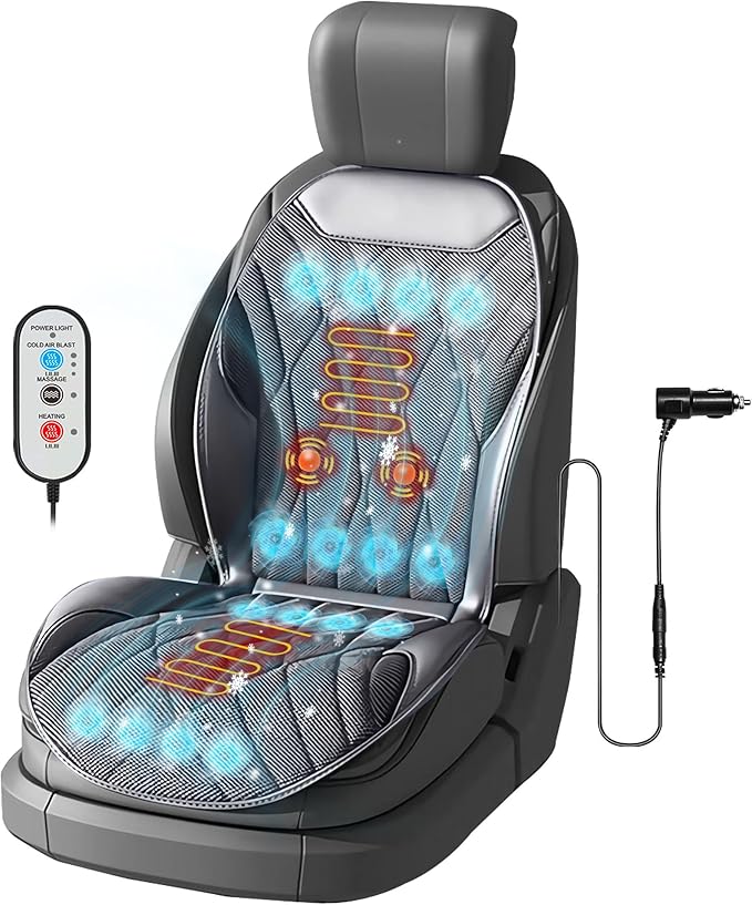 3-in-1 Cooling Car Seat Cushion with Massage & Temperature Control, 16 Fans Ventilated Seat Cooler, 12V Front Seat Summer Cooling Seat Cover for Car SUV Truck (Gray)