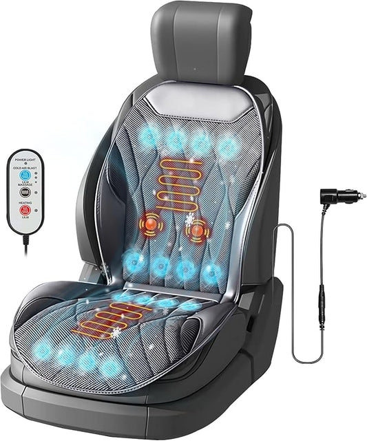 3-in-1 Cooling Car Seat Cushion with Massage & Temperature Control, 16 Fans Ventilated Seat Cooler, 12V Front Seat Summer Cooling Seat Cover for Car SUV Truck (Gray)