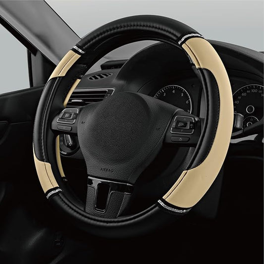 Road Comforts Leather Steering Wheel Cover - Made with PVC Leather - Anti-Slip, Universal Fit 14 1/2 inches to 15 inches - Beige