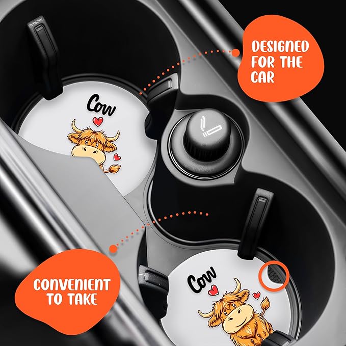 2 Pack Highland Cow Car Cup Holder Coaster, Cute Car Interior Accessories Drink Coaster for Women & Men, Cow Lovers Themed Gifts Stuff Accessories Things Merchandise Items!