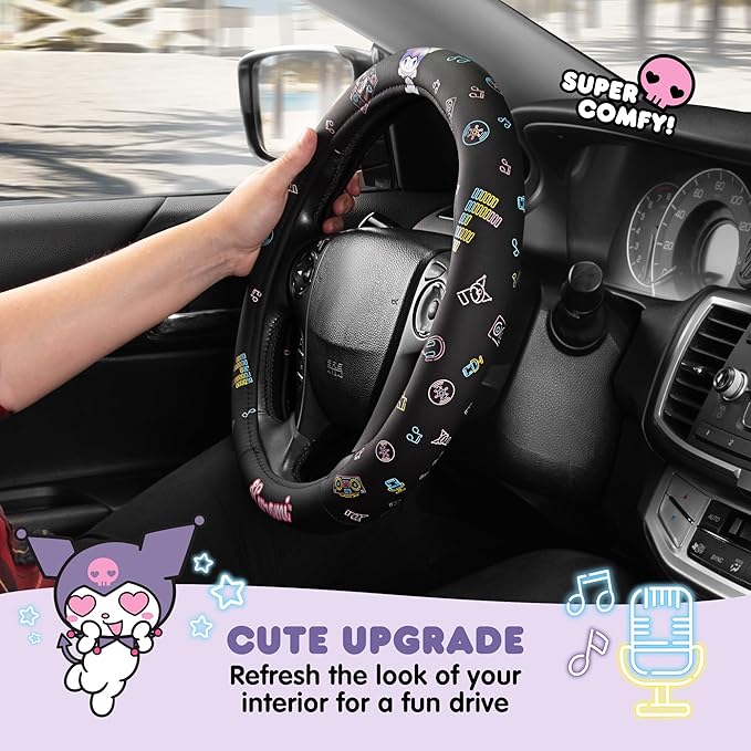 Sanrio Hello Kitty and Friends Kuromi Black Car Steering Wheel Cover, Universal Fit Cute Accessories for Women Stylish Decor Gifts Hello Kitty Accessories - Fits Standard Wheels 14.5"-15"