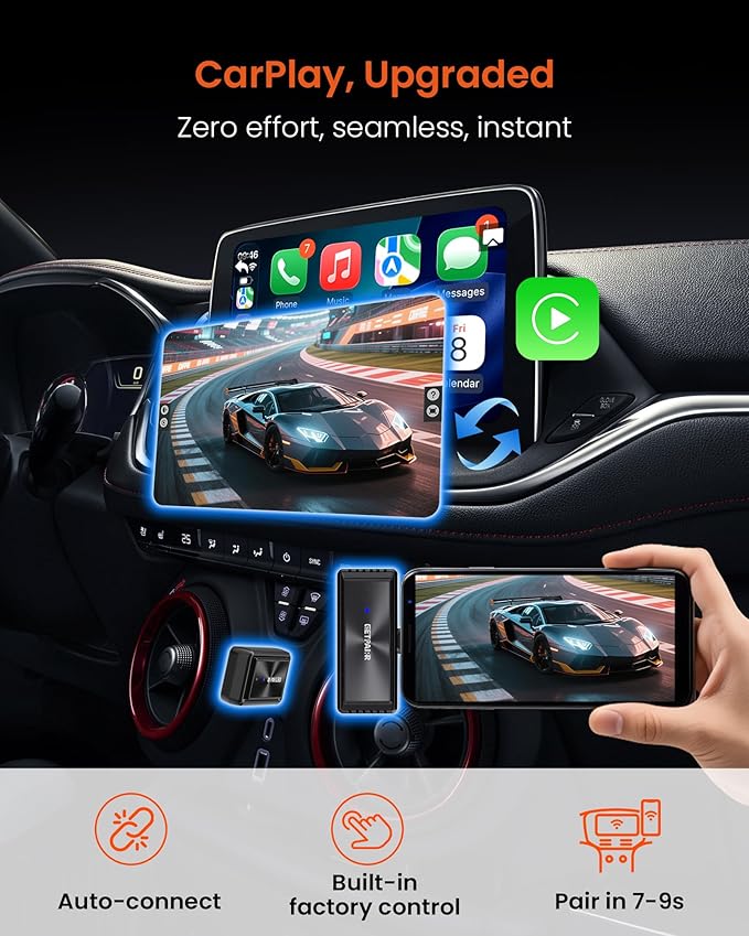 Wireless CarPlay Adapter & All-Platform Wireless Screen Mirroring GETPAIRR Cast- No Lag Streaming for iOS/Android, Dual Connection, WiFi 6/Bluetooth 5.4, Plug & Play, OTA Update (2025 Newupgrade)