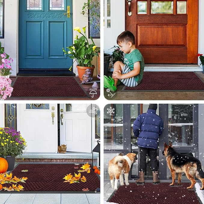 Smiry Front Door Mat Outside Entrance, Heavy Duty Sturdy Natural Rubber Doormat, Trap Dirt and Moisture, Easy Clean Low Profile Mats for Indoor Outdoor Entry, Irregular Triangle (47x24, Dark Red)