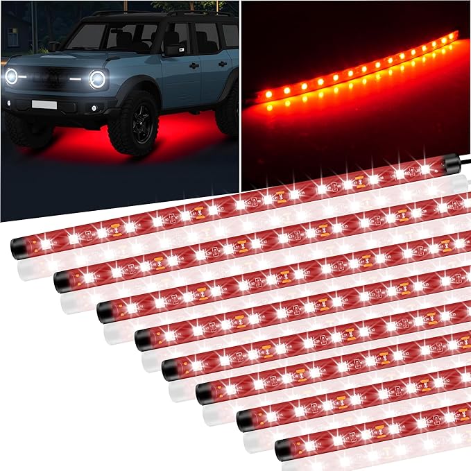 8 Pcs Car Led Light Strip IP67 Waterproof 11" Flexible Led Lights Underglow 12V for Car Motorcycle Boat Golf Cart Interior Exterior Decoration - Red