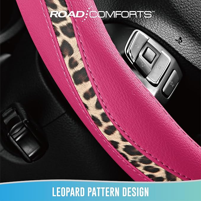 Road Comforts Steering Wheel Cover - Made with PVC Leather and Leopard Fabric - Universal 14 1/2 inches to 15 inches for Most Automotive Steering Wheel - Cheetah Print -Hot Pink