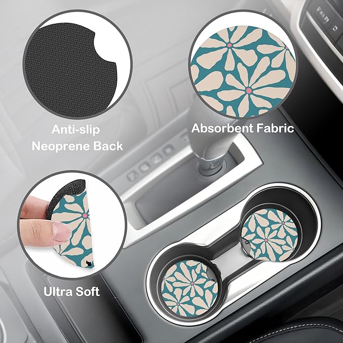 Vintage Blue Flower Steering Wheel Cover for Women, Anti-Slip Car Steering Wheel Cover with 2 Pcs Cup Holders Neoprene Breathable Car Accessories Universal 15 Inch Auto Interior Decor