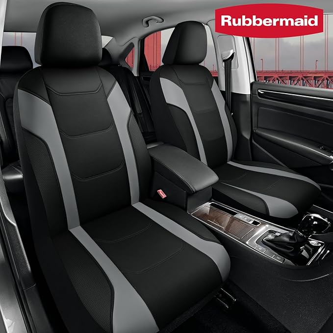 Rubbermaid Leather Car Seat Cover – Universal Front Seat Cover, Airbag Compatible, Easy to Install, Water-Resistant and Durable Automotive Seat Cover for Cars, Trucks, SUVs, Vans – Gray
