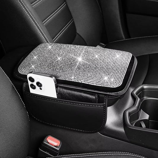 Sparkling Rhinestone Armrest Cover for Car Center Console Fit for RAV4 Bling Leather Armrest Pad with Anti-Slip Protectors Cushion ： Gorgeous & Durable Console Cover(Black)