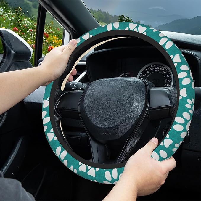 Dog Paw Prints Steering Wheel Covers Universal 15 Inch Car Wheel Cover,Anti-Slip Breathable Car Accessories Protector Fit for Trucks,Sedans,SUVs,Vans