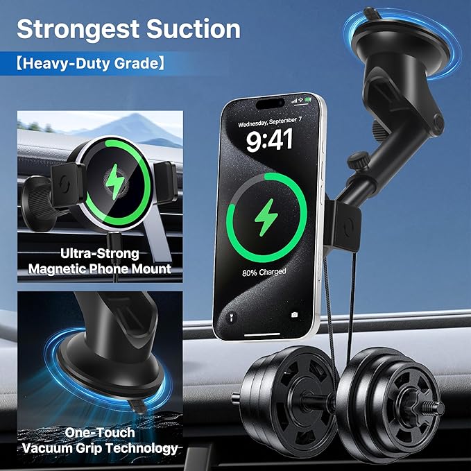 Wireless Car Charger, 15W Fast Car Mount Charger for iPhone 17/16/15/14/13/12/11/10/9/8 Series & Samsung, Auto-Clamping Magnetic Car Phone Holder with Fast Charging for Car & Home Use,Black