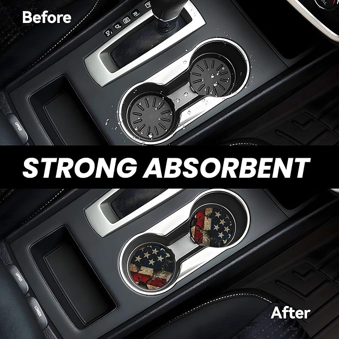 Absorbent Car Coasters for Cup Holders, 2 Pack Universal Anti Slip Ceramic Cup Coaster for Women Men 2.56 Inch Car Interior Accessories - Vintage American Flag 011