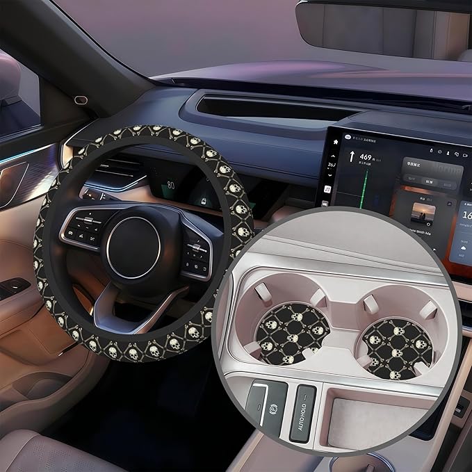 Skulls and Bones Steering Wheel Cover for Women, Anti-Slip Car Steering Wheel Cover with 2 Pcs Cup Holders Neoprene Breathable Car Accessories Universal 15 Inch Auto Interior Decor