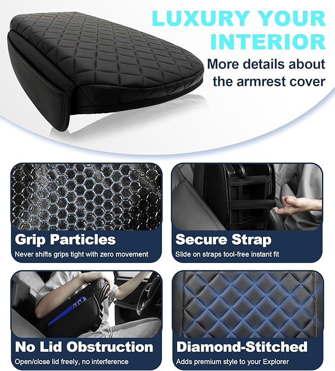 Armrest Cover for Ford Explorer Center Console Pad with Organizer Storage Pockets, Black Faux Leather Arm Rest Lid Protector Cushion Interior Accessories (2011-2019)