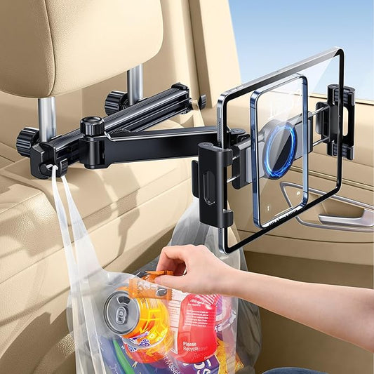 3 in 1 Extension Arm Tablet Holder for Car Headrest with Magnetic Phone Mount Compatible with Magsafe, Adjustable iPad Holder for Car Backseat Rear Facing for Kids Baby, Fit for 4.7"-13", Black