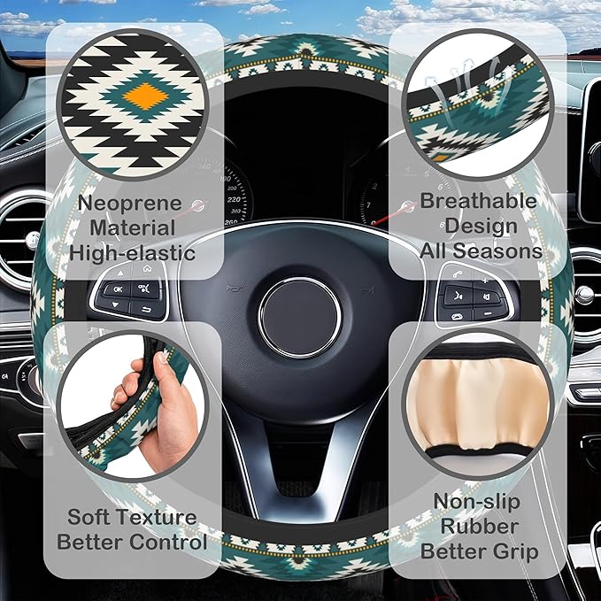 Green Tribal Geometric Steering Wheel Cover for Women, Anti-Slip Car Steering Wheel Cover with 2 Pcs Cup Holders Neoprene Breathable Car Accessories Universal 15 Inch Auto Interior Decor