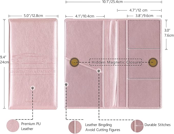 TOURSUIT Car Registration and Insurance Card Holder, Vehicle License Document Glove Box Compartment Organizer, Interior Car Accessories for Women Men Teens (Rose Gold)