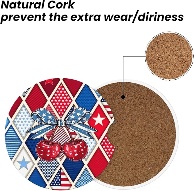 Absorbent Car Coasters for Cup Holders, 2 Pack Universal Anti Slip Ceramic Cup Coaster for Women Men 2.56 Inch Car Interior Accessories - Bow Tie Cherry Stars and Stripes 020