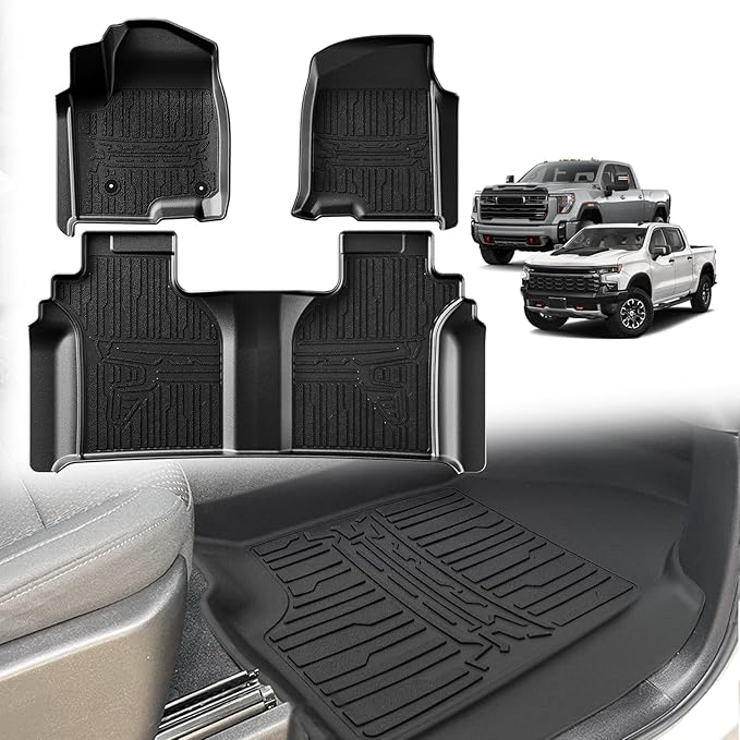 TripleAliners Floor Mats All Weather Compatible with 2019-2025 Chevy Silverado/GMC Sierra 1500 & 2020-2025 Silverado/Sierra 2500 HD/3500HD Crew Cab 1st & 2nd Row, Rear with Factory Carpeted Storage