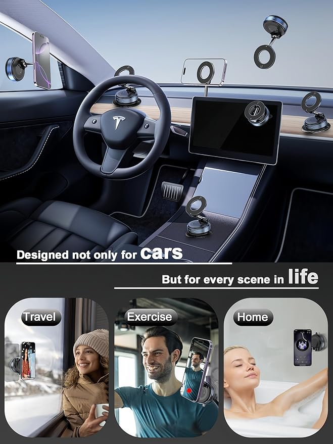 Upgraded 360° Vacuum Magnetic Phone Holder, Magnetic Car Phone Mount, Hands-Free Suction Cup Phone Holder for Car/Gym/Mirror/Shower/Smooth Surface, Car Mount Fit for iPhone 17 Pro Max White