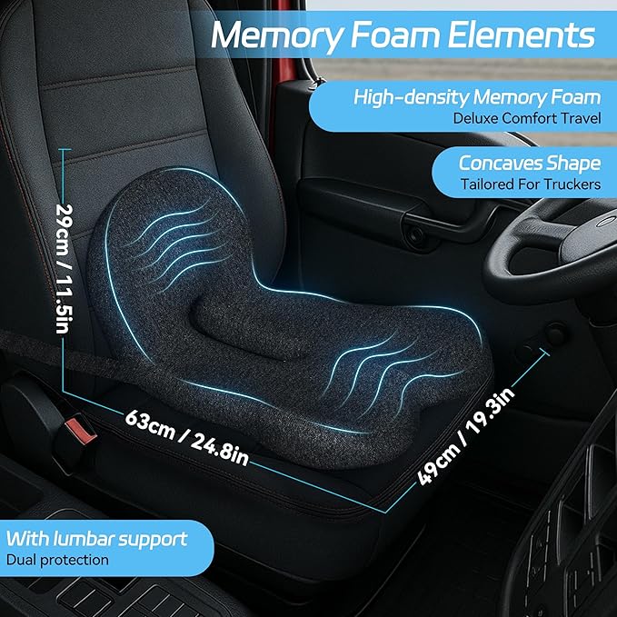 Trucker seat Cushions for Long Sitting, semi Truck seat Cushion with Lumbar Support, Truck seat Cushion for Back Pain and Supporting The HIPS, Trucker Essentials