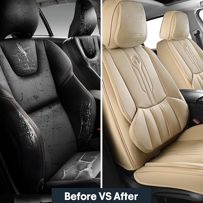 Pickup Seat Covers Custom Fit for Dodge Ram 1500/2500/3500 2002-2025 Faux Leather Seat Cover Set Compatible with Crew, Regular, Quad, Mega Cab, Waterproof Car Truck Cushions (Beige, Flat, Full Set)