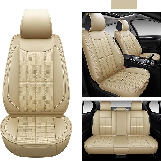 AOOG Leather Car Seat Covers for Cars SUV Pick-up Truck, Universal Full Set, Beige