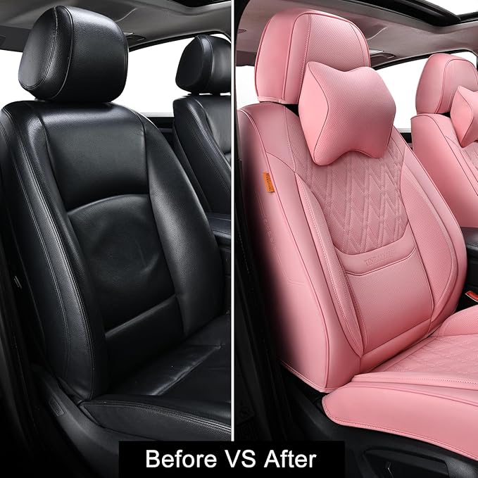 Pink Car Seat Covers Front Pair, Breathable Leather Automotive Front Seat Covers with Headrest, Universal Automotive Vehicle Seat Cover for Most Sedan SUV Pick-up Trucks