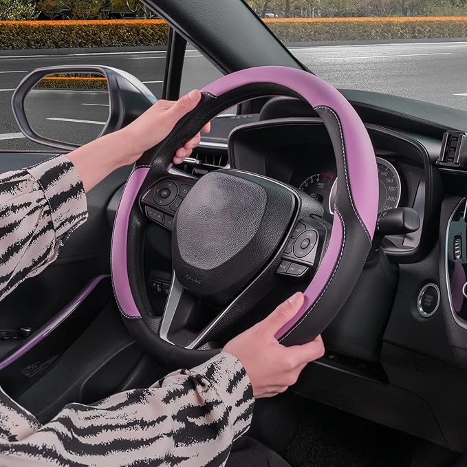 SEG Direct Car Steering Wheel Cover for Women Men, Standard Size 14.5-15 inch (37-39 cm), Auto Interior Accessories, Black and Radiant Orchid