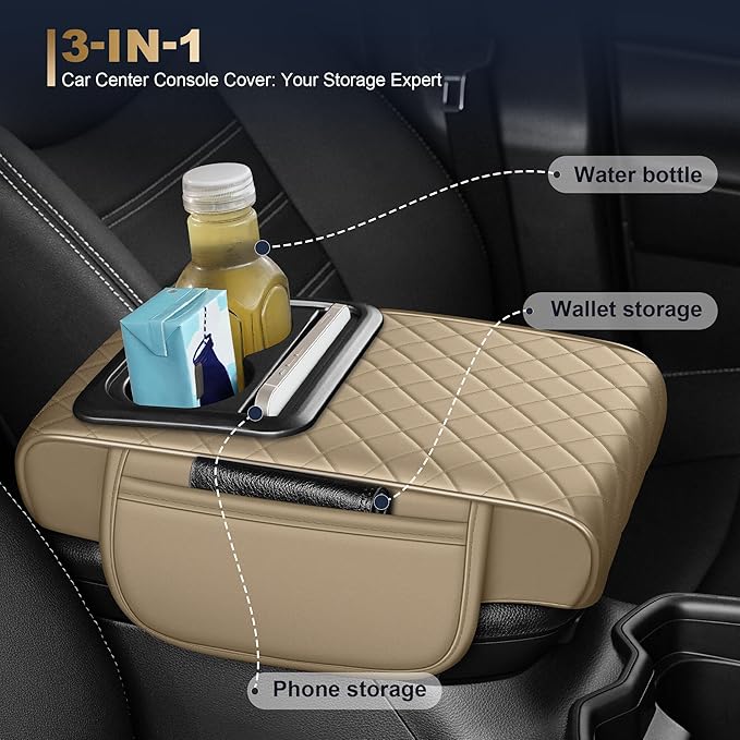 YORKNEIC Upgraded Car Center Console Cover with Cup Holder 2 Storage Bags - Faux Leather Arm Rest Cover Fit for Ford Explorer,Middle Console Cover Multi-Functional Car armrest Cushion(Beige)