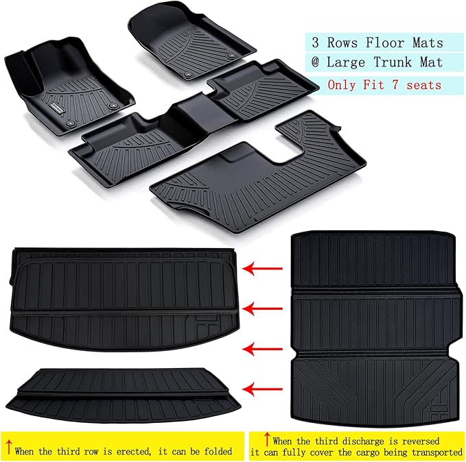 Floor Mats & Large Trunk Mat for 2016-2023 2024 Dodge Durango (7-Seats(2 Row Bench Seat)),TPE All Weather Protection 1st & 2nd & 3rd Rows Full Set Car Floor Liners with Cargo Liners-Black