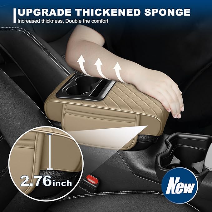 Car Center Console Cover Fit for Volkswagen Faux Leather Auto Armrest Box Cover with Cup Holder & Phone Holder Waterproof Leather Armrest Protector Cushion(Beige)