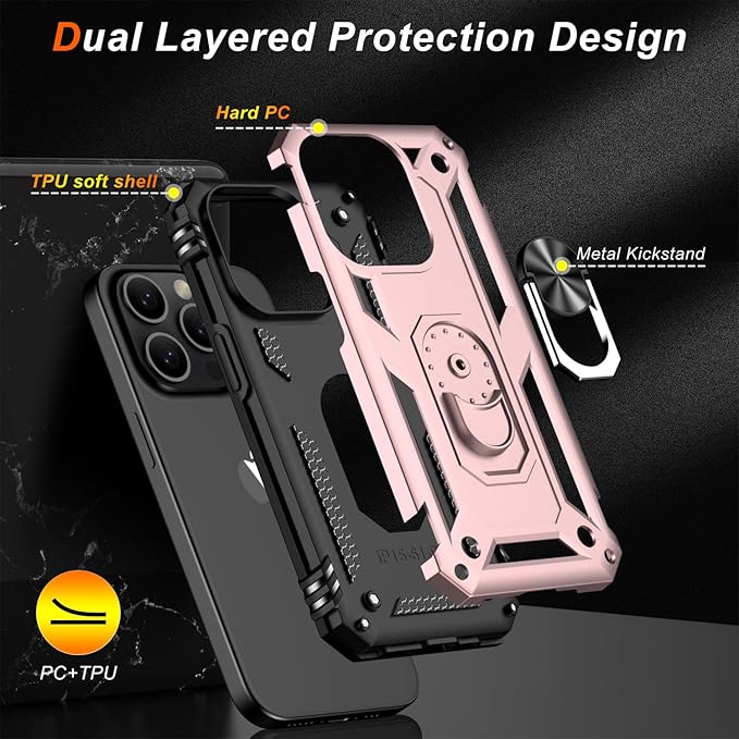 IKAZZ for iPhone 14 Pro Case 6.1 Inch with Screen Protector,Military Grade Shockproof Heavy Duty Protective Phone Cover Pass 16ft Drop Test with Magnetic Kickstand Car Mount Holder,Rose Gold