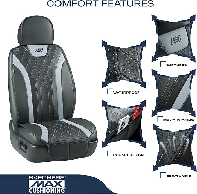 Skechers MAX Cushioning Car Seat Covers,Memory Foam Leather Car Seat Protectors, Airbag Safe Waterproof Sideless Front Seat Covers with Storage Pocket,Universal Fit for Cars Trucks SUV, Gray 2PCS