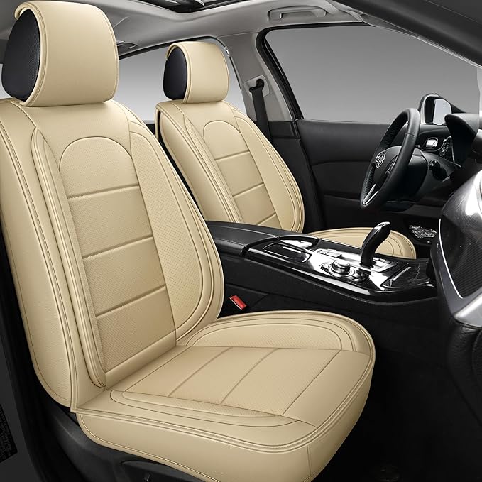 AOOG Leather Car Seat Covers with Car Backseat Organizer, Universal fit Automotive Vehicle Most Sedan SUV Pick-up Truck (Full Set, Beige)
