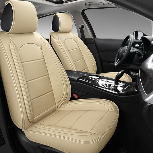 AOOG Leather Car Seat Covers with Car Backseat Organizer, Universal fit Automotive Vehicle Most Sedan SUV Pick-up Truck (Full Set, Beige)