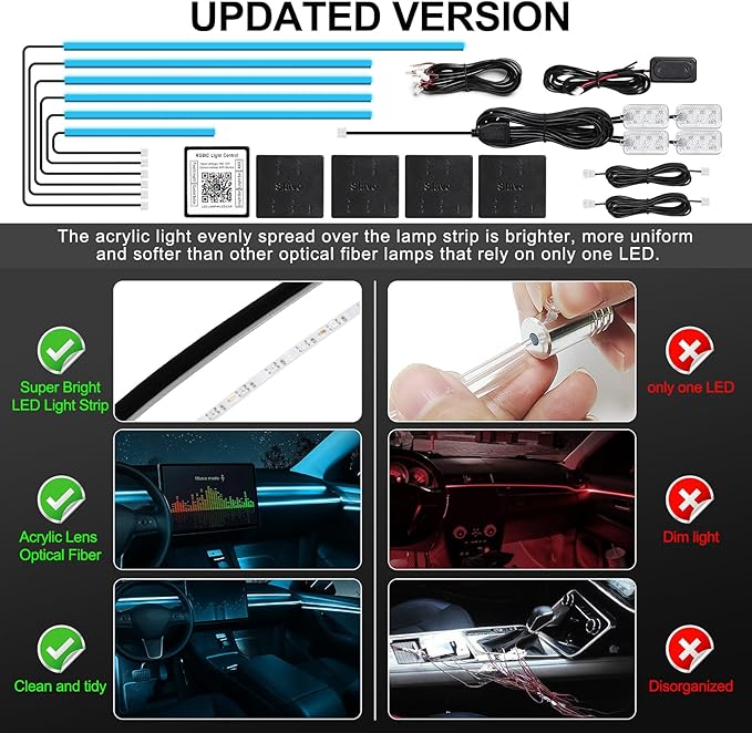 Acrylic Interior Car LED Strip Light with Wireless APP, RGB 10 in 1 with 175 inches 612 LEDs Fiber Optic Car Ambient Lighting Kits, Dynamic Music Sync Neon LED Strip Lights for Car
