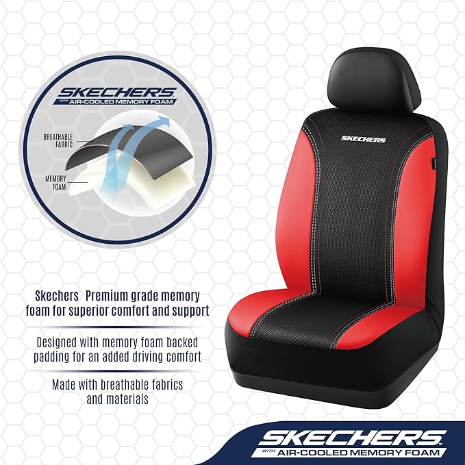 Skechers Memory Foam Seat Covers,Air- Cooled Mesh Thick Car Seat Covers,Leather Seat CoversFull Sets,Airbag Compatible,Automotive Comfort Universal Fit for SUVs,Vans,Sedans,Cars,Trucks,Red