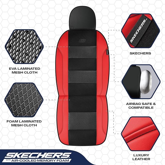 Skechers Aircooled & Memory Foam Car Seat Covers,Premium Leather with EVA Mesh Seat Covers, Front car seat Protector, Airbag Compatible, Automotive Comfort for Most Cars, Vans, Trucks, SUV,Red