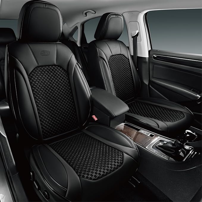 Skechers MAX Cushioning Car Seat Covers,Memory Foam Leather Seat Covers, Air Cooled Car Seat Cover Front Seats,Car Seat Cushion Airbag Universal Fit for Most Cars,Vans,Trucks,SUV,Black