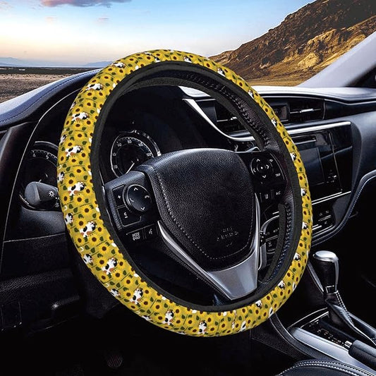 Dujiea Cats Sunflower Elastic Stretch Steering Wheel Cover, Anti-Slip and Durable Car Steering Wheel Accessories for Women Men, 15 Inch Universal Fit Car, Truck, SUV