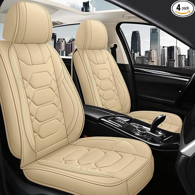 Pariitadin Leather Car Seat Covers Full Set, Waterproof Breathable Faux Leather Automotive Seat Covers for Cars, Non-Slip Car Interior Covers Universal Fit Most Cars Sedans Trucks SUVs, Beige