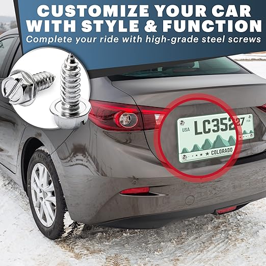 Chrome License Plate Screw Kit - Set of 8 Stainless Steel Fasteners for License Plates, Frames, and Covers on Domestic Cars, Trucks, Vans, SUVs - Rustproof, Self Tapping Mounting Bolts (Chrome Plated)