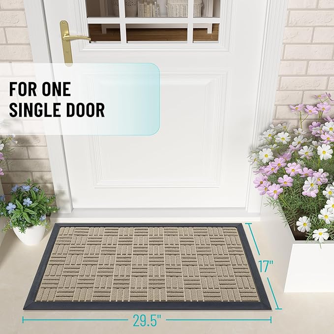 OLANLY Front Door Mat Outside Entrance 29.5x17, Absorbent, Heavy Duty Sturdy Natural Rubber Doormat Indoor Outdoor, Stain and Fade Resistant, Non-Slip Backing Low Profile Floor Mat for Entryway, Beige