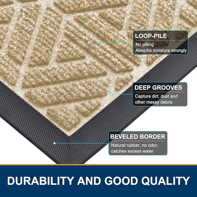 Smiry Front Door Mat Outside Entrance, Heavy Duty Sturdy Natural Rubber Doormat, Trap Dirt and Moisture, Easy Clean Low Profile Mats for Indoor Outdoor Entry, Grid Geometric (47x32, Beige)