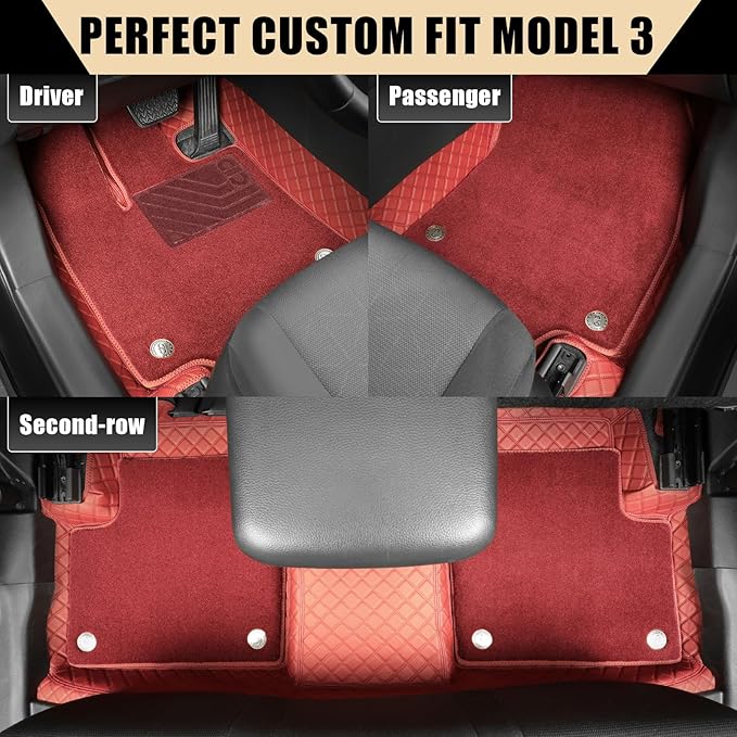 EKR Custom Floor Mats for Tesla Model 3 2017-2023, Front & 2nd Row Luxury Double Layer Car Floor Mat Liner Fit Model 3 2017 2018 2019 2020 2021 2022 2023 - Leatherette Plus Carpet (Burgundy)