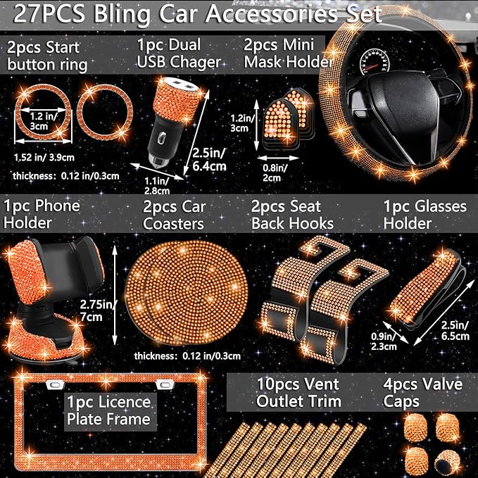 NBTEPEM 27 PCs Orange Bling Car Accessories Set for Women, Steering Wheel Covers Universal Fit 15 Inch, Bling License Plate Frame, Bling Phone Holder, Bling Car Coasters (Orange Diamond)